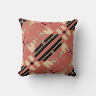 Black Beige Taupe Terracotta Red Symmetrical Motif Throw Pillow