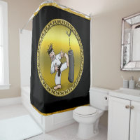 Black belt karate man kicking a black training bag