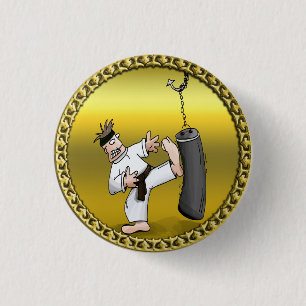 Black belt karate man kicking a black training bag 1 inch round button