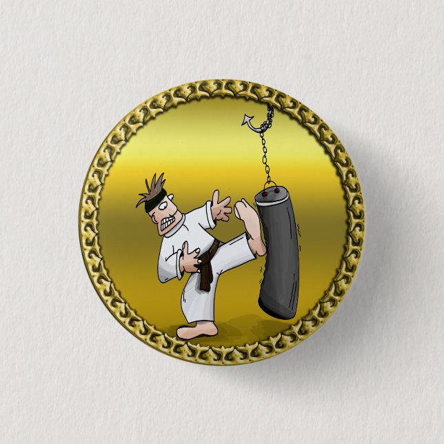 Black belt karate man kicking a black training bag 1 inch round button (Front)
