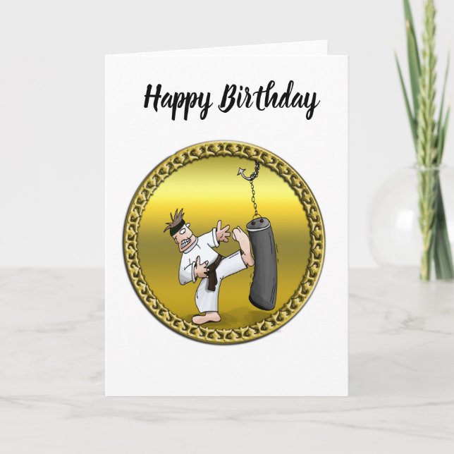 Black belt karate man kicking a black training bag card (Front)