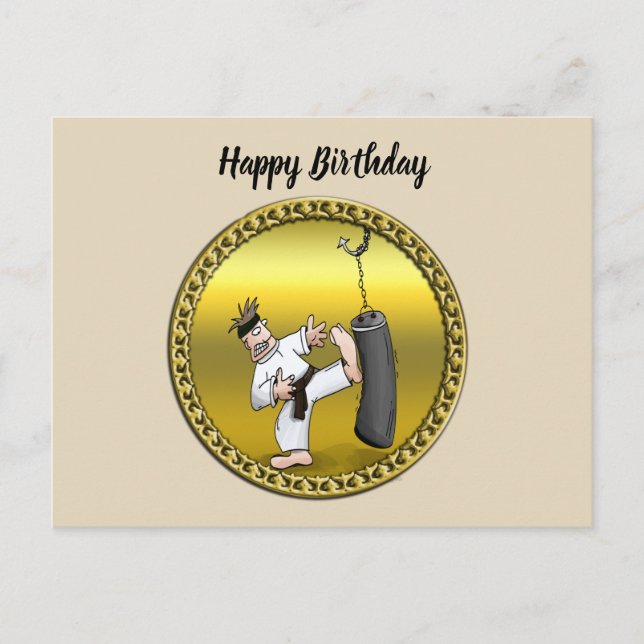 Black belt karate man kicking a black training bag postcard (Front)