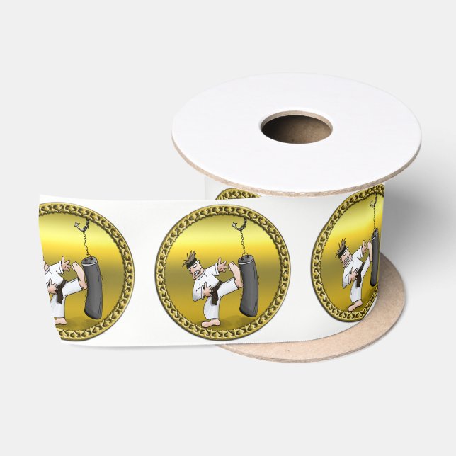 Black belt karate man kicking a black training bag satin ribbon (Spool)