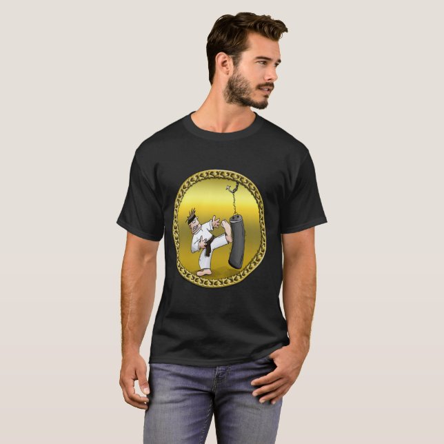 Black belt karate man kicking a black training bag T-Shirt (Front Full)