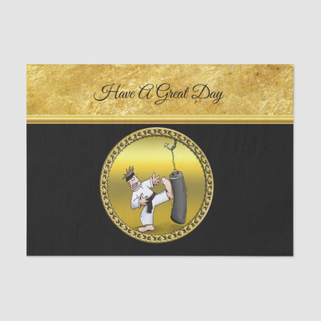 Black belt karate man kicking a black training bag tissue paper (Front)