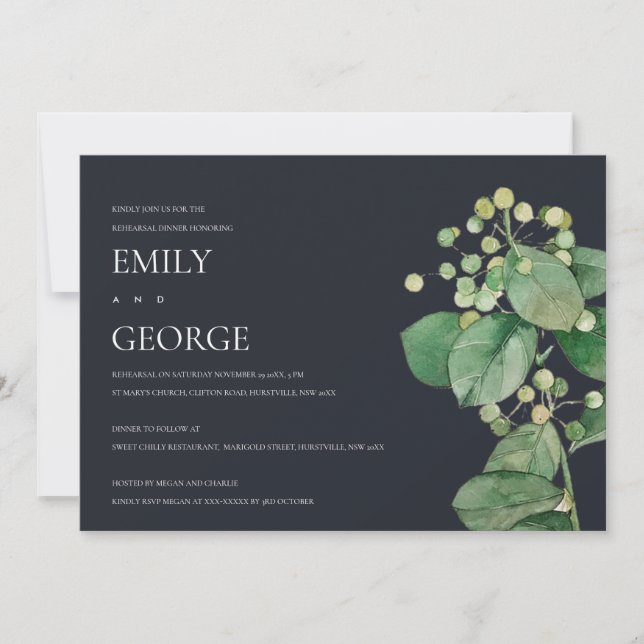 BLACK BERRY LEAFY FOLIAGE REHEARSAL DINNER INVITE (Front)