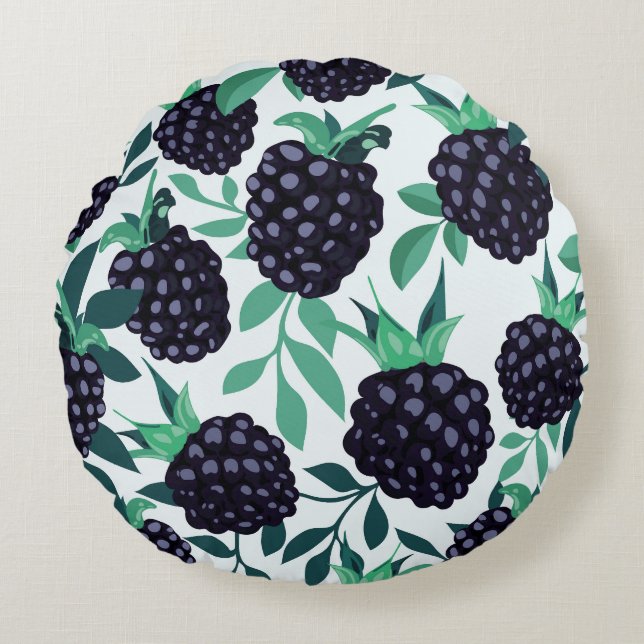 Black Berry Tropical: Fruit Seamless Pattern Round Pillow (Front)