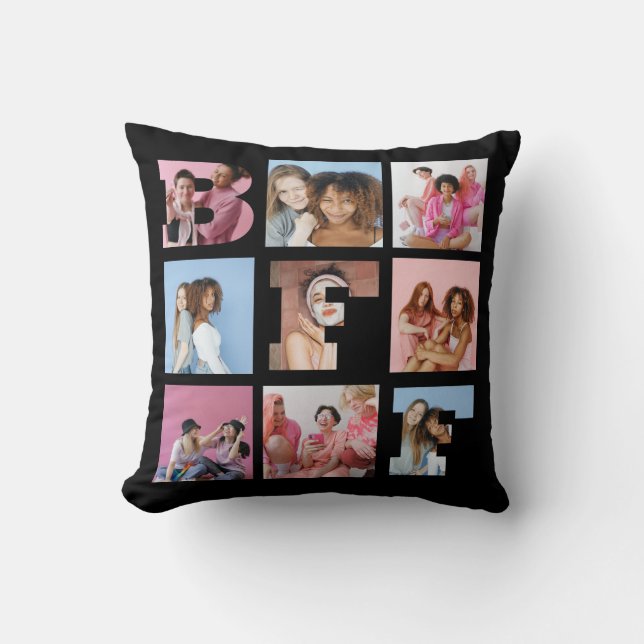Black Best Friends BFF Photo Collage Heart Script Throw Pillow (Front)