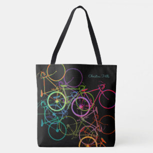 black biking tote bag with colourful bicycles