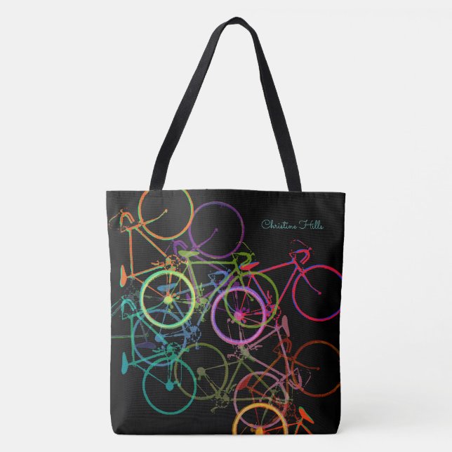 black biking tote bag with colourful bicycles (Front)