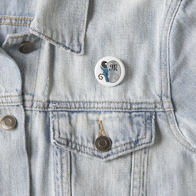 Black Billed Magpie Monogram 1 Inch Round Button (In Situ)
