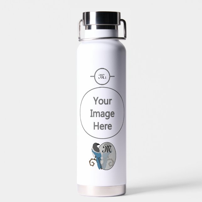 Black Billed Magpie Monogram Water Bottle (Back)