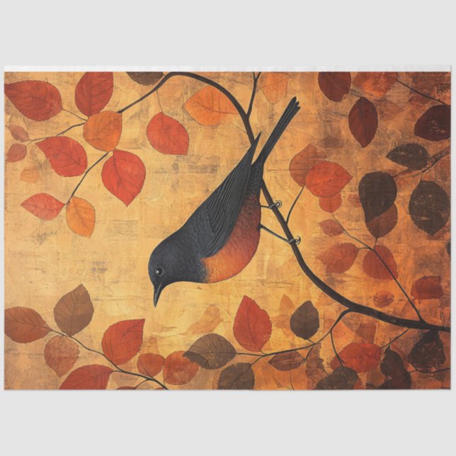 Black Bird Autumn Leaves Artwork Decoupage Tissue Paper (Front)