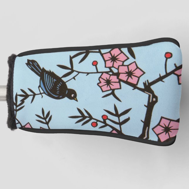 Black Bird Branches of Cherry Tree Pink Blossoms Golf Head Cover (Front)
