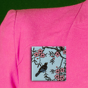 Black Bird Cherry Blossom Tree 2 Inch Square Button