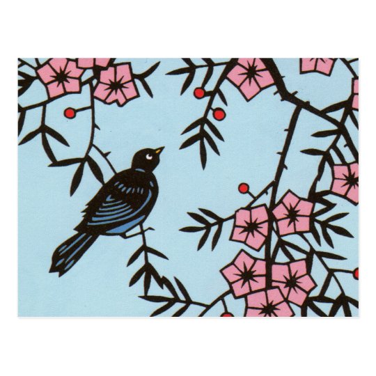 Black Bird Cherry Blossom Tree Postcard