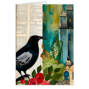 Black Bird Collage Vintage Style Blank Inside Card