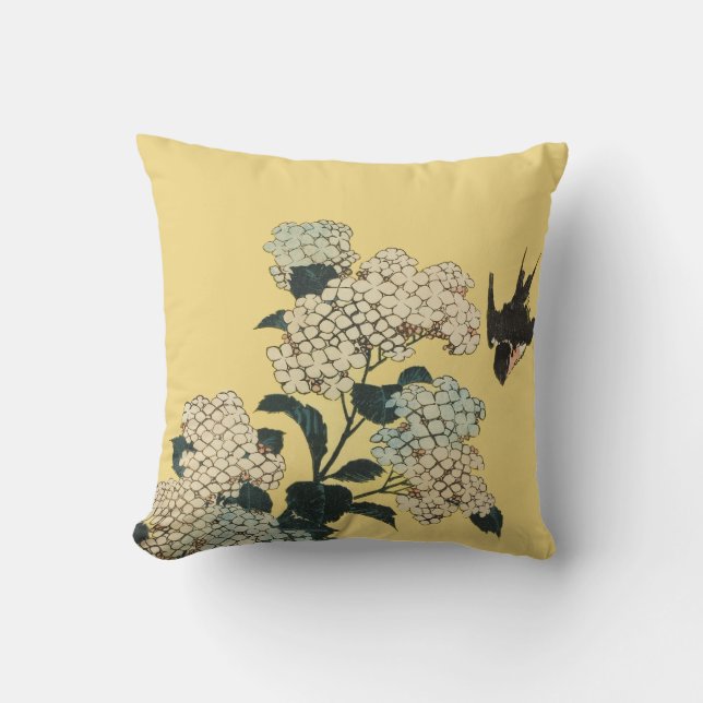 BLACK BIRD FLIES AMONG FLOWERS YELLOW THROW PILLOW (Front)