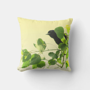 Black Bird Green Leaves on Yellow Outdoor Pillow