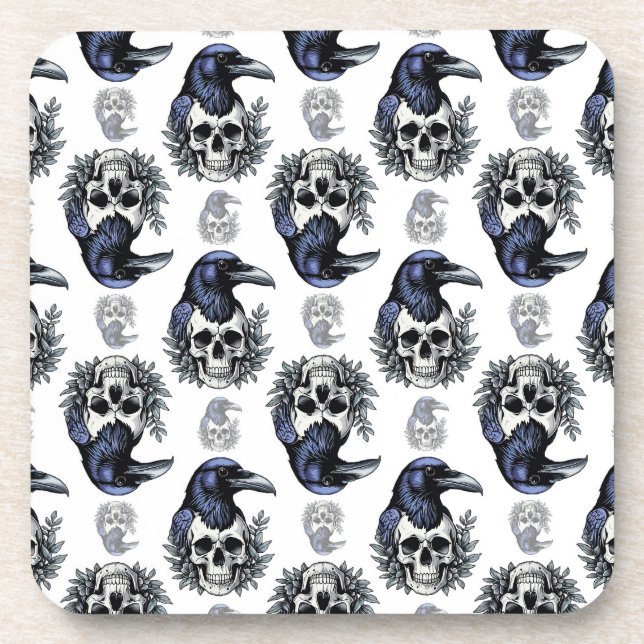 Black Bird On a Skull Goth Pattern Design  Coaster (Front)