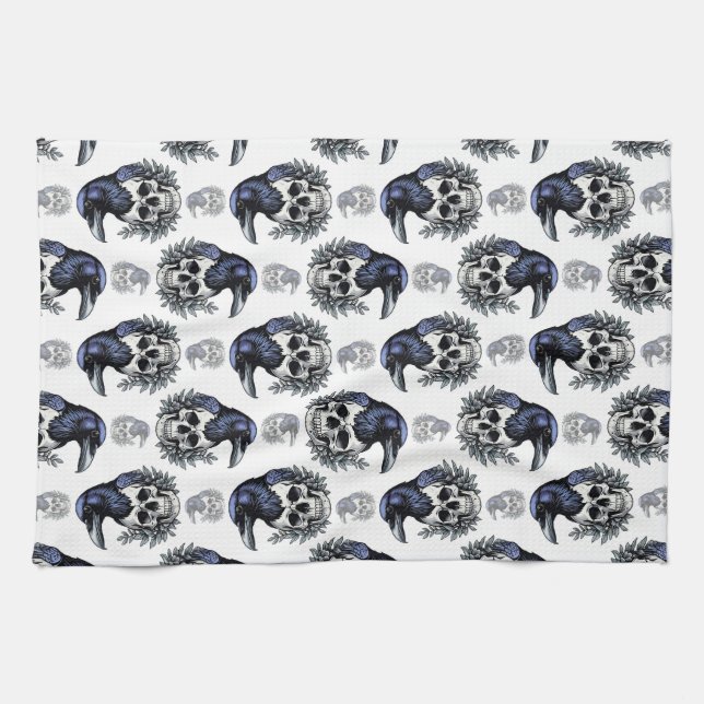 Black Bird On a Skull Goth Pattern Design  Kitchen Towel (Horizontal)