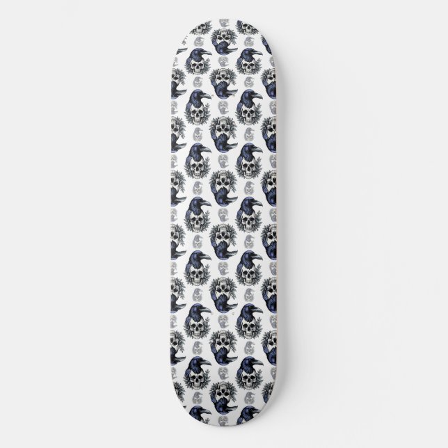Black Bird On a Skull Goth Pattern Design  Skateboard (Front)