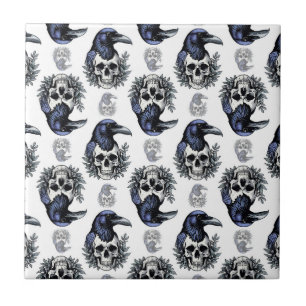 Black Bird On a Skull Goth Pattern Design  Tile
