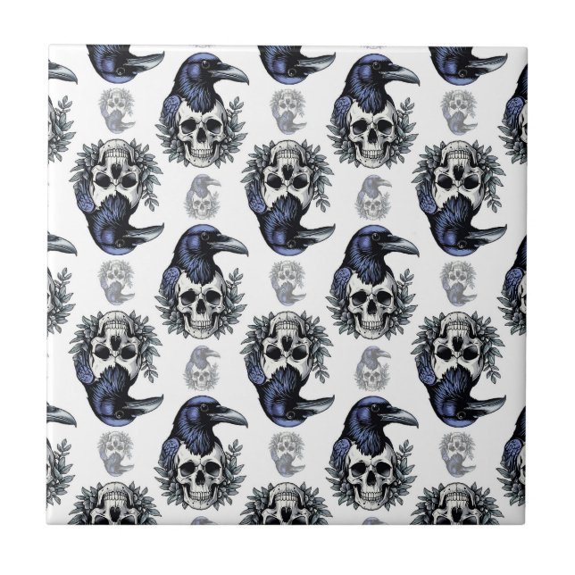 Black Bird On a Skull Goth Pattern Design  Tile (Front)