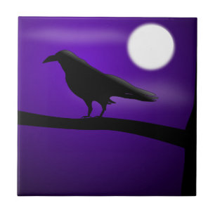 Black Bird on Branch Purple Sky Full Moon Tile