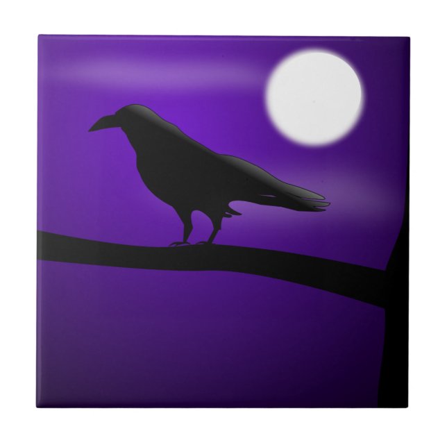 Black Bird on Branch Purple Sky Full Moon Tile (Front)