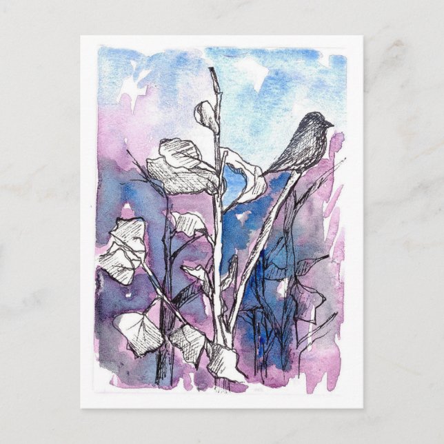 Black Bird Tree Leaves Winter Drawing Watercolor Postcard (Front)
