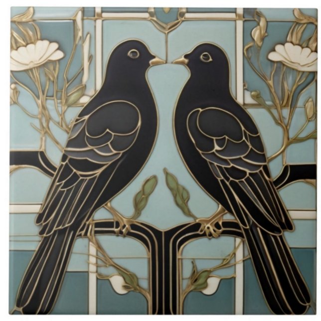 Black Birds Art Nouveau Bird Art Deco dove pigeons Tile (Creator Uploaded)