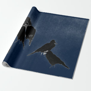 BLACK BIRDS IN BLUE JAPANESE INK PAINTING WRAPPING WRAPPING PAPER