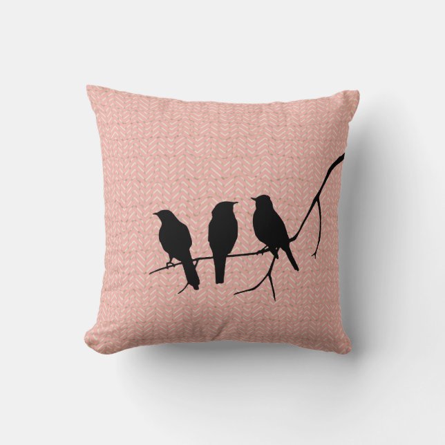 Black Birds on Pink Zigzag Pattern Throw Pillow (Front)