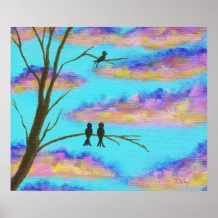 Black Birds on Tree Limbs Colourful Clouds Sky Art Poster