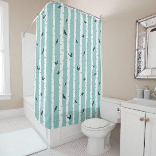 Black Birds on White Birch Trees Shower Curtain