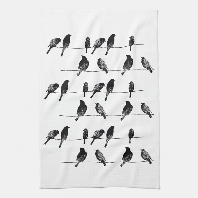 Black birds on wire worn look kitchen towel (Vertical)