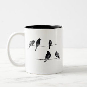 Black birds on wire worn look Two-Tone coffee mug
