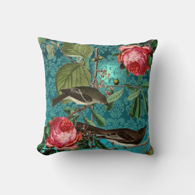 BLACK BIRDS, PINK ROSES AQUA BLUE,TEAL DAMASK THROW PILLOW (Front)