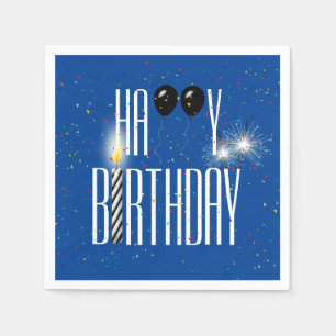 Black Birthday Balloons and Sparklers on Blue Napkin
