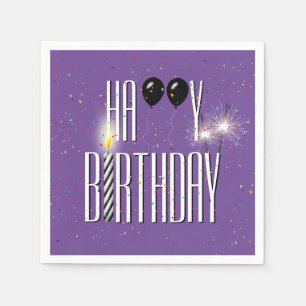 Black Birthday Balloons and Sparklers on Purple Napkin