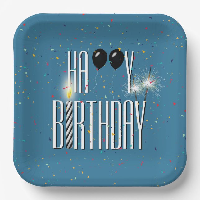Black Birthday Balloons and Sparklers Paper Plate (Front)