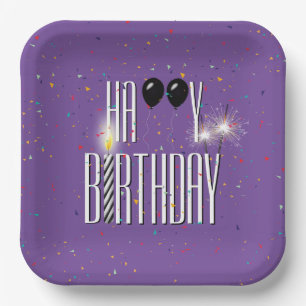 Black Birthday Balloons and Sparklers Paper Plate