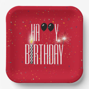 Black Birthday Balloons and Sparklers Paper Plate