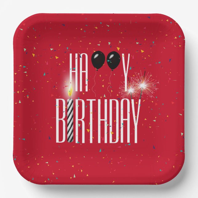 Black Birthday Balloons and Sparklers Paper Plate (Front)