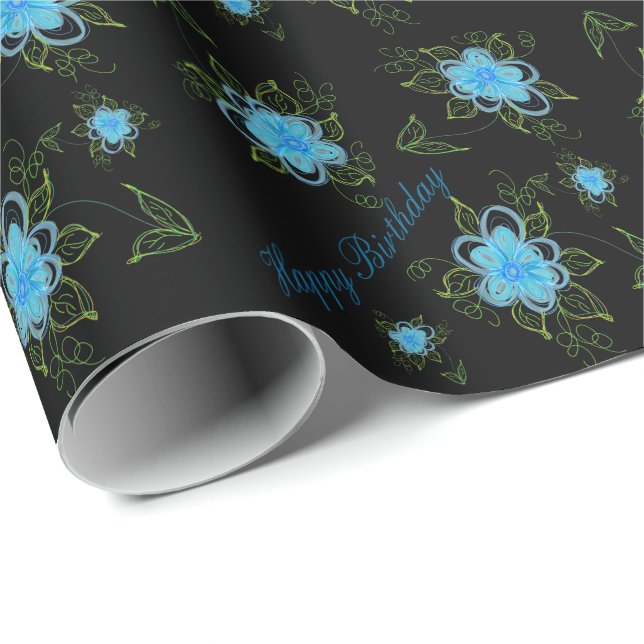 Black Birthday Gift Wrap With Blue Floral (Roll Corner)