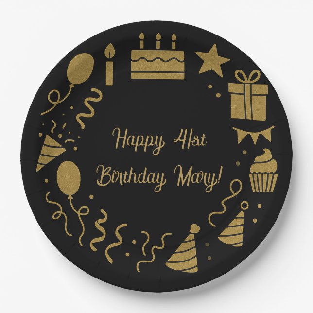 Black Birthday Luxurious Gold Customizable Text  Paper Plate (Front)