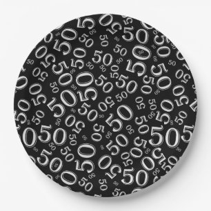 Black Black/White 50th Birthday Number Pattern Paper Plate