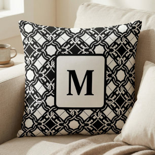Black Black White Art Deco Monogram Pattern Throw Pillow