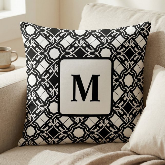 Black Black White Art Deco Monogram Pattern Throw Pillow (Creator Uploaded)